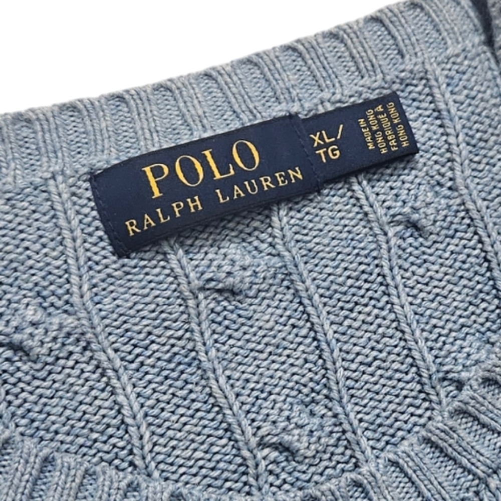 Polo | 100% Silk Tussah | Logo Embroidered Cable-Knit Sweater | Men's | Blue - Picture 8 of 9